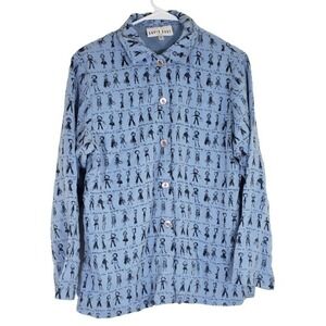 David Dart Sport Women's SZ S Blouse Button Up Long Sleeve Blue Shopping Print